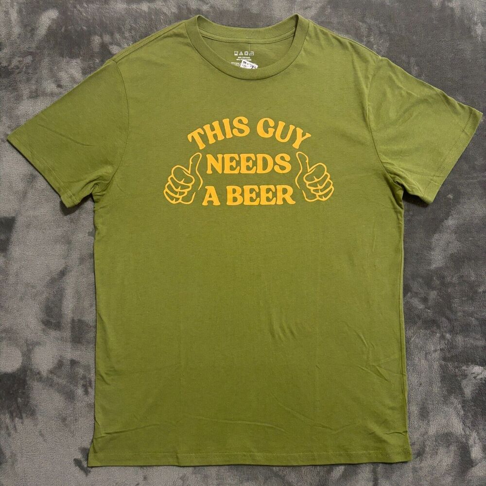 'This Guy Needs A Beer' T-Shirt Men's Sz L & XXL Green Short Sleeve - Picture 1 of 6